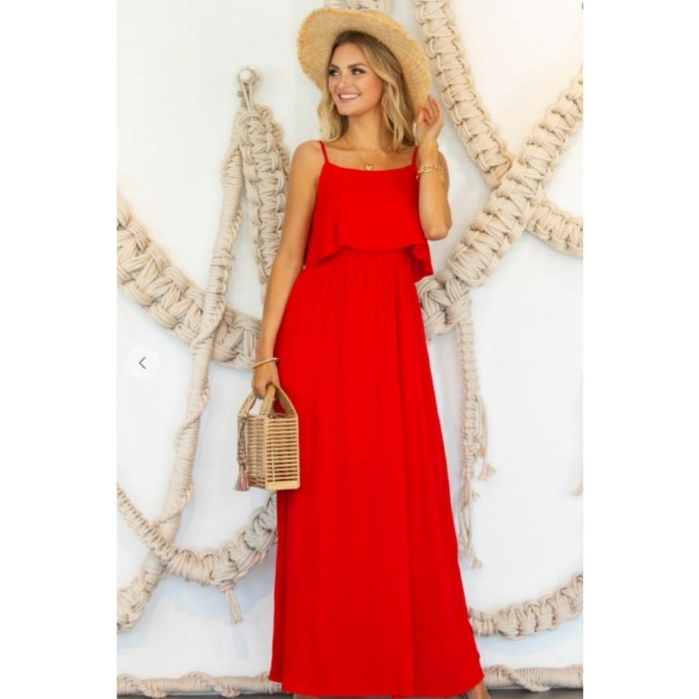 M, L, XL Red Maxi Dress w/ Ruffle Overlay